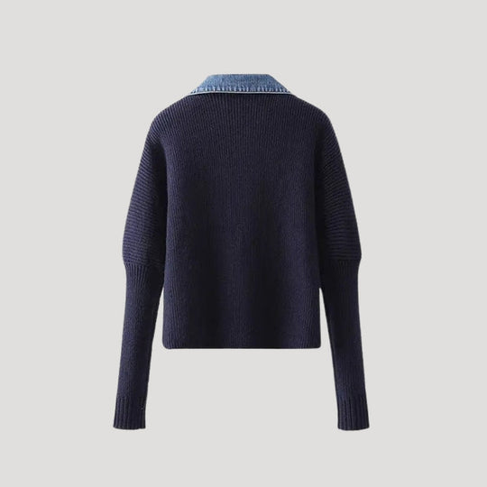 Geknöpfte Strickjacke für Damen | Denim-Stehkragen