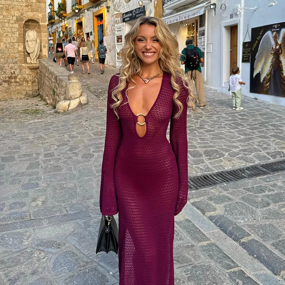 Damen V-Ausschnitt Kleid | Maxi mit ausgestellten Ärmeln