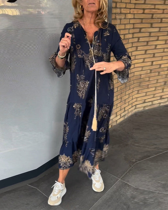 Damen V-Ausschnitt Kleid | Midi mit gerüschter Manschette