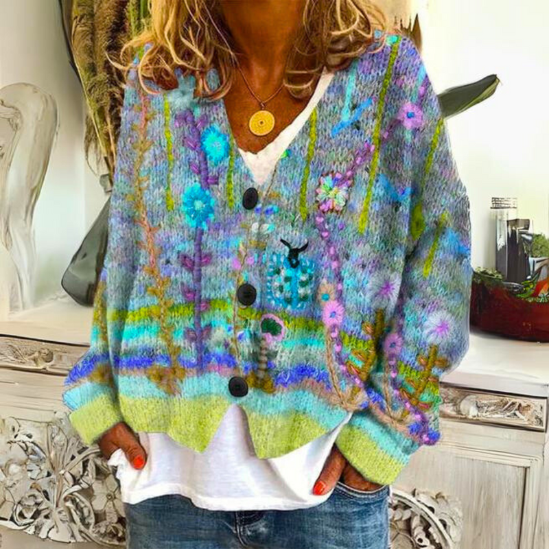 Damen Strickjacke mit Knöpfen und Blumenmuster | Gestrickt