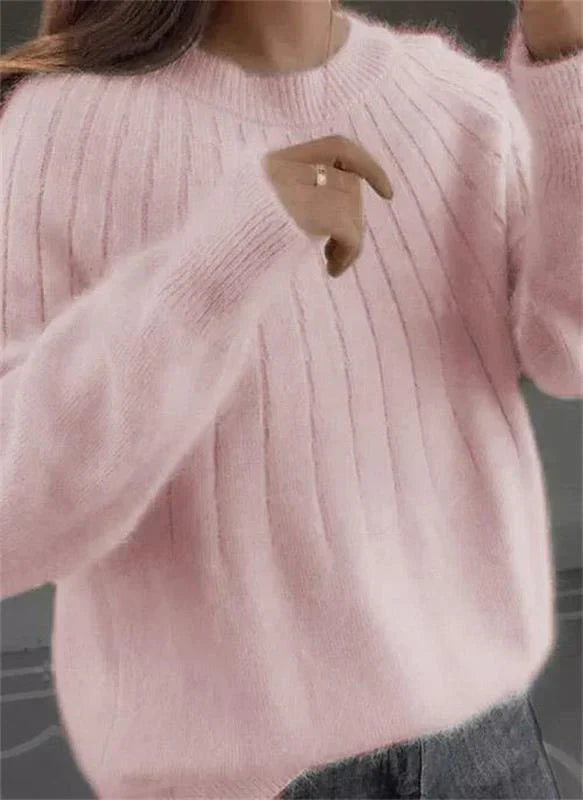 Damen Flauschiger Strickpullover | Gerippter Pullover mit Rundhalsausschnitt