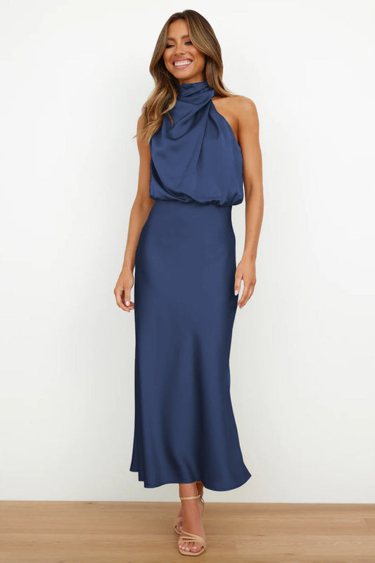 Schickes Damen-Halter-Satin-Kleid | Maxi