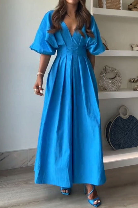 Weites Midikleid mit Puffärmeln | Plissee
