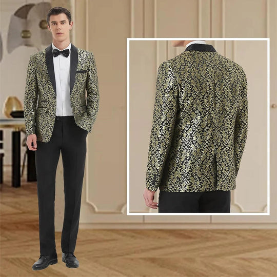 Herren Formelle Smoking Zweiteiliges Set | Gemusterter Blazer mit Satin-Revers und Anzughose