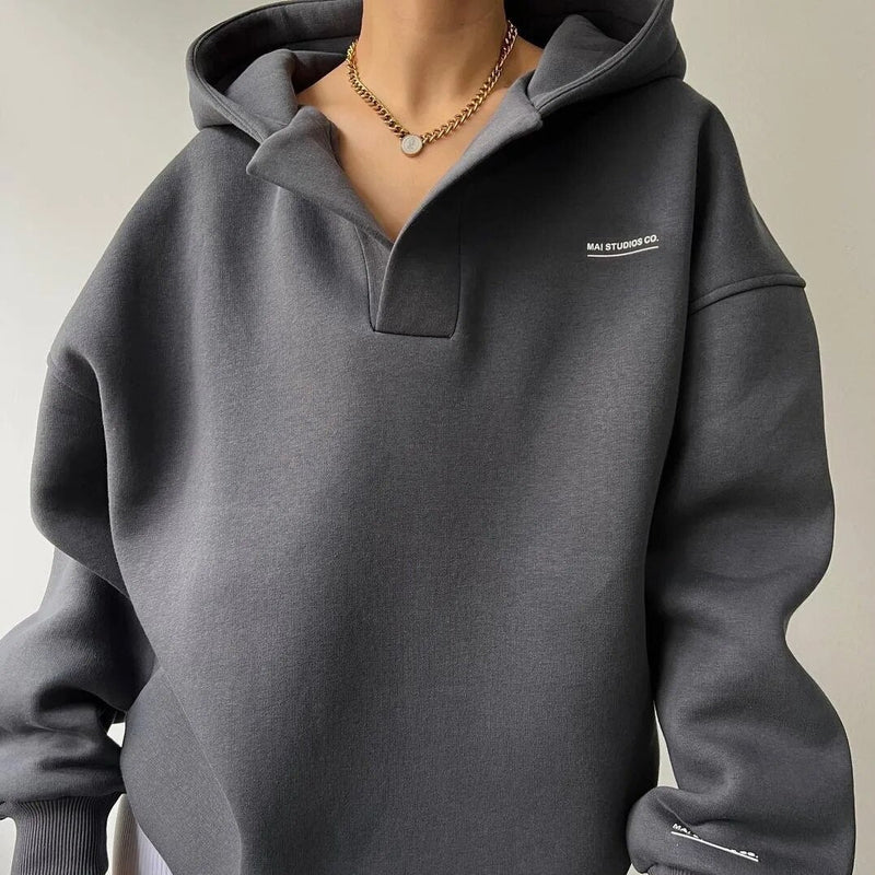 Damen Übergröße Kapuzenpullover | Moderner Hoodie mit Kragen Einzelheiten
