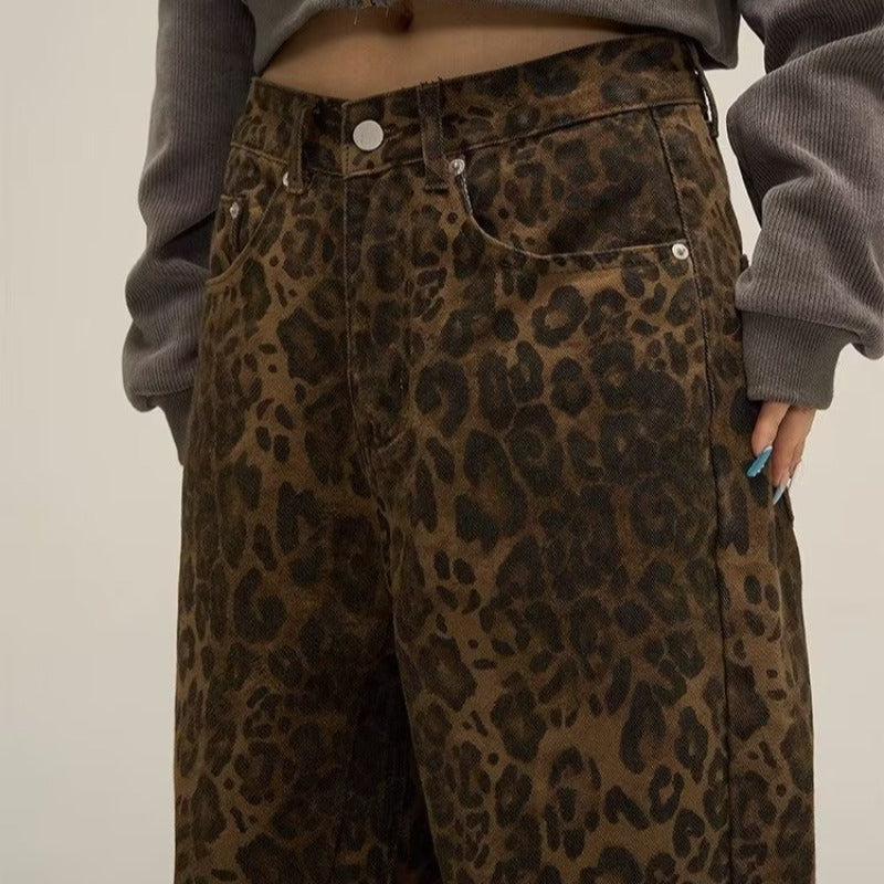 Damen Weit Bein Jeans mit Leopardenmuster | Weinlese Denim mit hoher Taille Hose