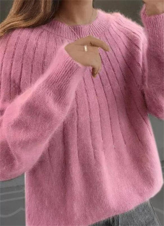 Damen Flauschiger Strickpullover | Gerippter Pullover mit Rundhalsausschnitt