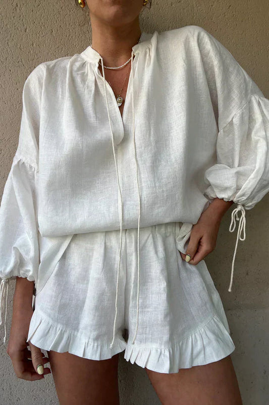 Langärmliges Zweiteiler-Set mit V-Ausschnitt für Damen | Sommerkleidung