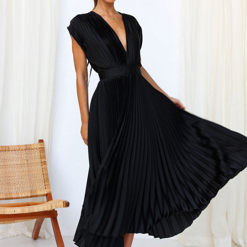Plissiertes Kleid mit V-Ausschnitt für Damen | Midi