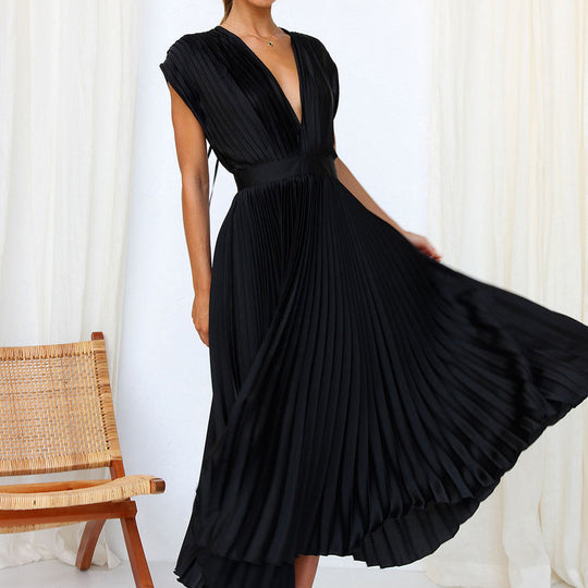 Plissiertes Kleid mit V-Ausschnitt für Damen | Midi