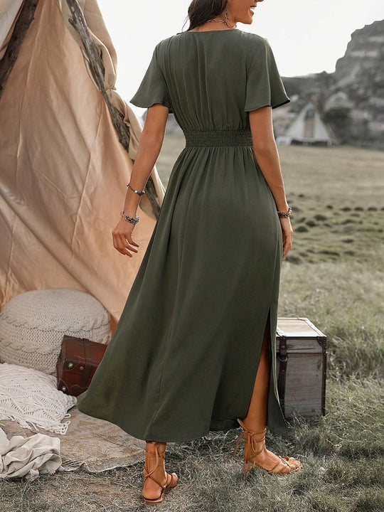 Damen V-Ausschnitt Kleid | Maxi mit geraffter Taille
