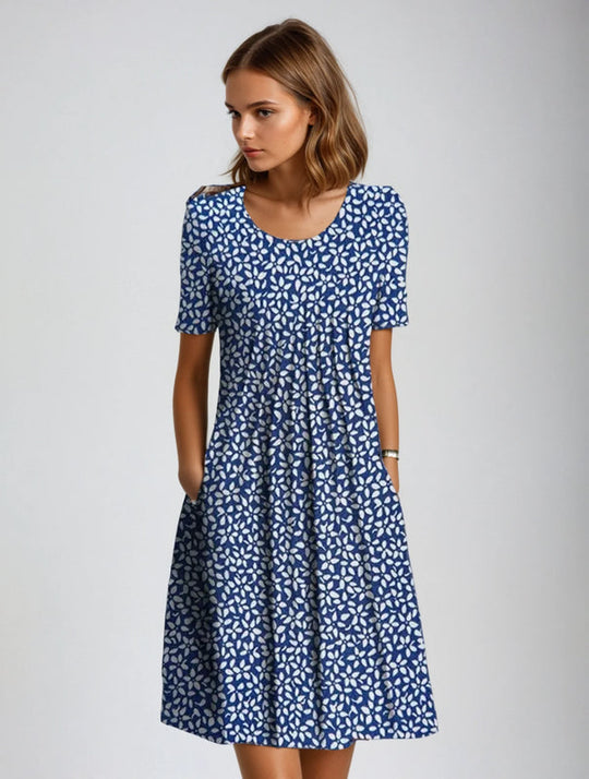 Geblümtes A-Linien-Kleid | Midi mit Taschen für Damen