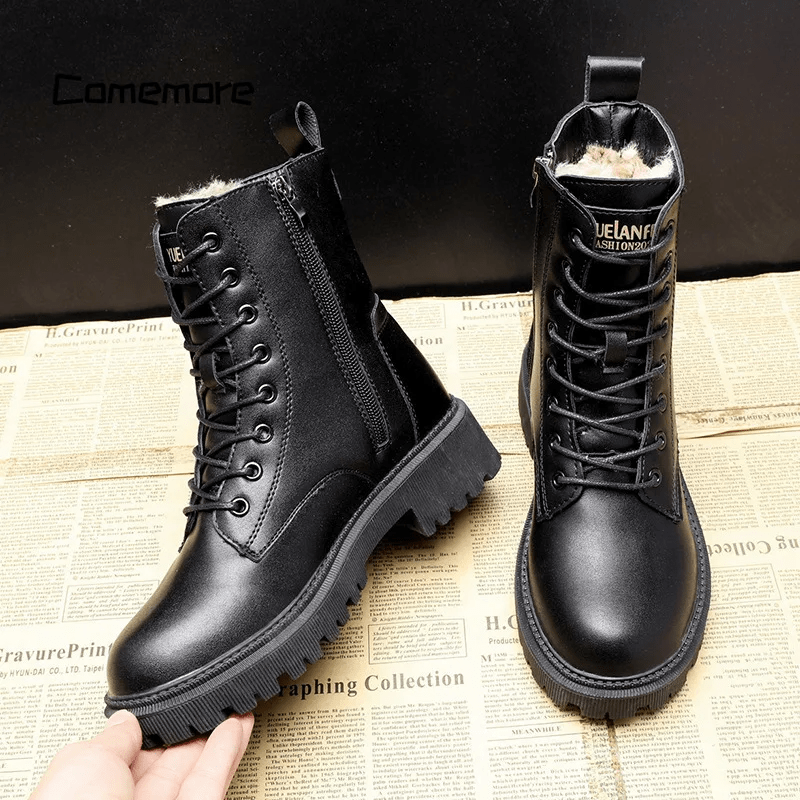 Dicke Sohle Schnür-Stiefeletten für Damen | Seitenreißverschluss Kaltwetter Bootie