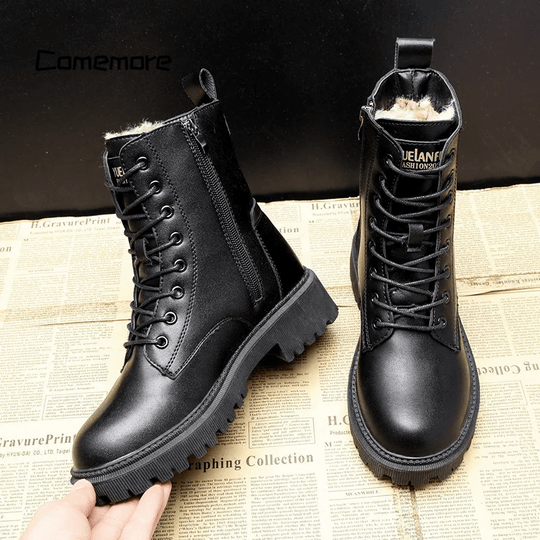 Dicke Sohle Schnür-Stiefeletten für Damen | Seitenreißverschluss Kaltwetter Bootie