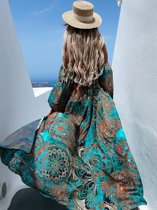Damen Boho Aus der Schulter Druck Kleid | Maxi