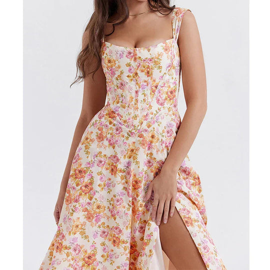 Damen Floral Korsett Midikleid | Schlitz