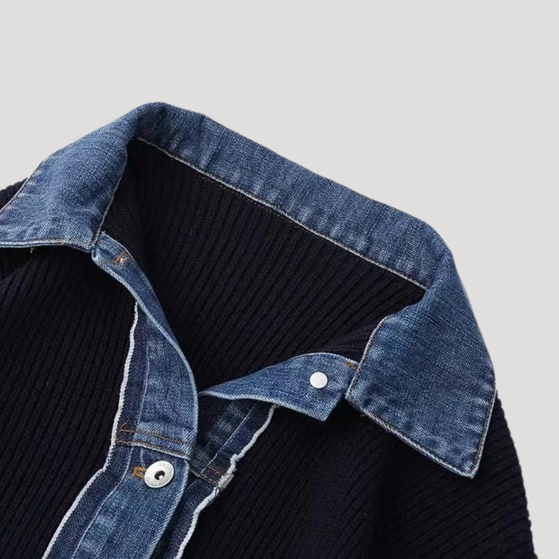 Geknöpfte Strickjacke für Damen | Denim-Stehkragen