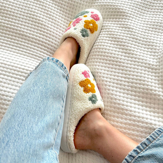 Flauschige Bestickte Blumen-Hausschuhe für Damen | Gemütliche