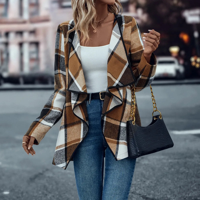 Damen Karierter Strickjacke Offen | Wasserfall Stil Langarmjacke