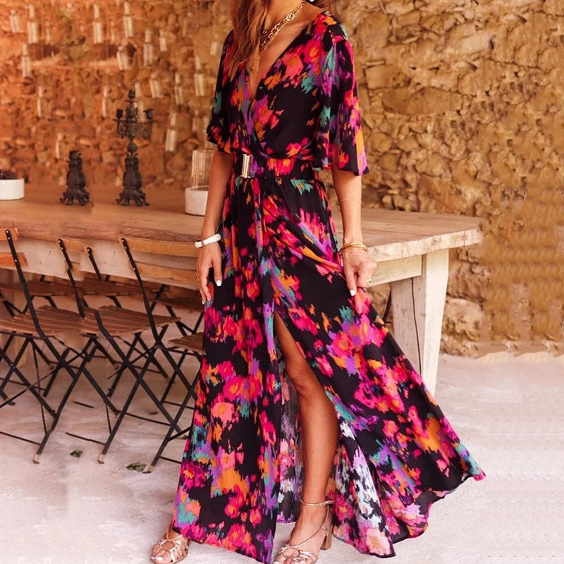 Elegantes Damen-Wickelkleid | Maxi