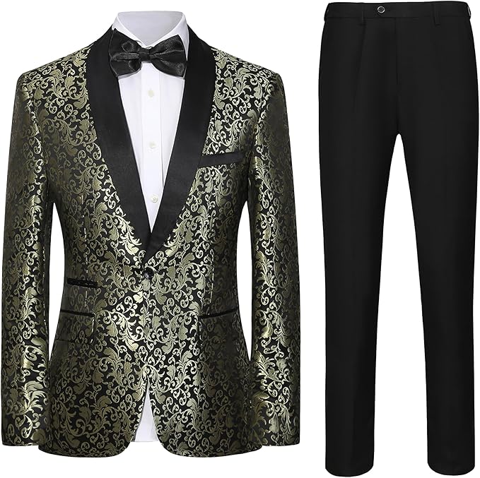 Herren Formelle Smoking Zweiteiliges Set | Gemusterter Blazer mit Satin-Revers und Anzughose