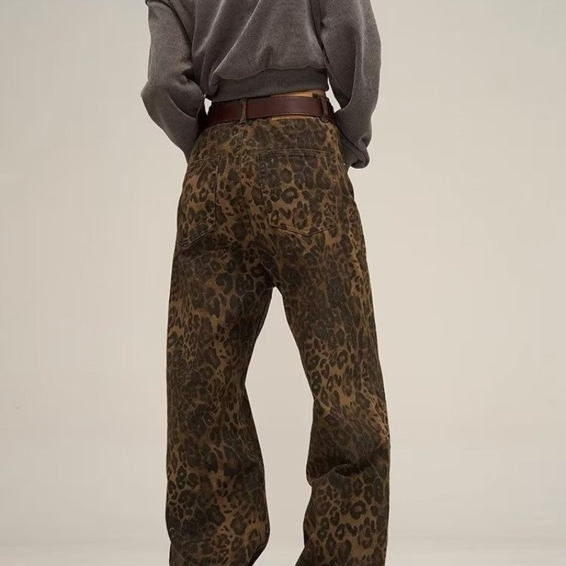 Damen Weit Bein Jeans mit Leopardenmuster | Weinlese Denim mit hoher Taille Hose