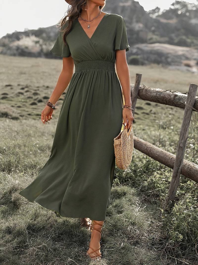 Damen V-Ausschnitt Kleid | Maxi mit geraffter Taille