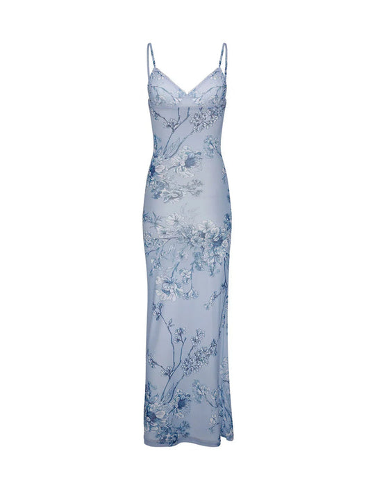 Florales Spaghetti-Trägerkleid für Damen | Maxi
