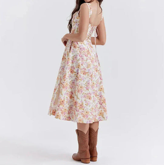 Damen Floral Korsett Midikleid | Schlitz