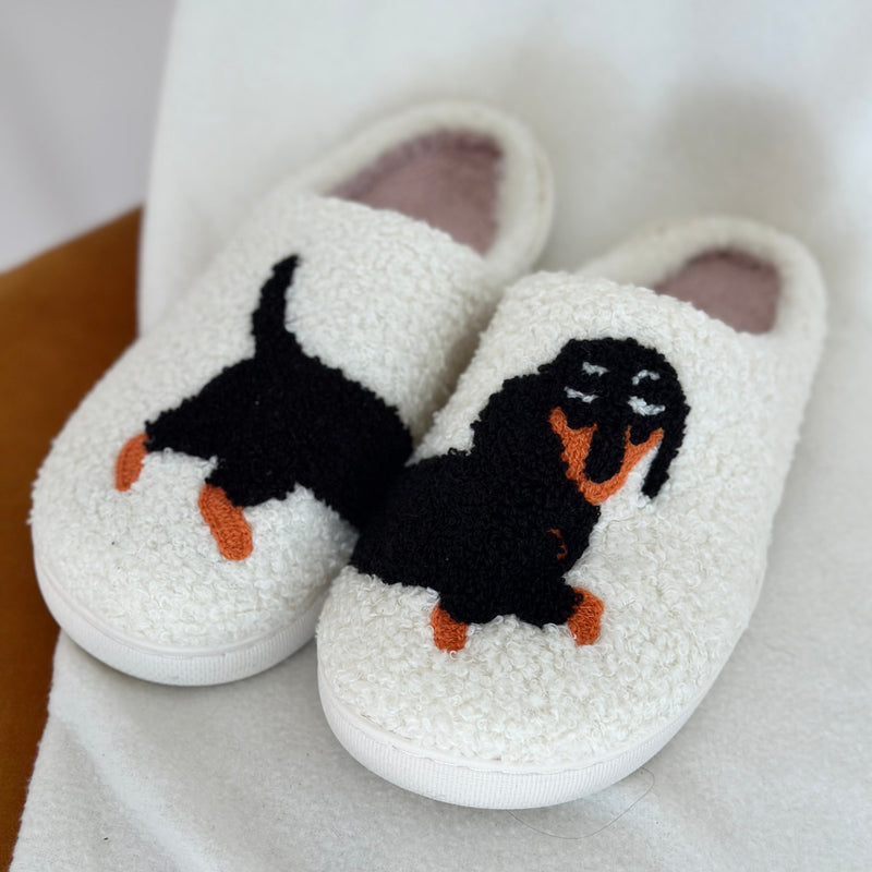Flauschige Dackel-Motiv Hausschuhe für Damen | Bestickte