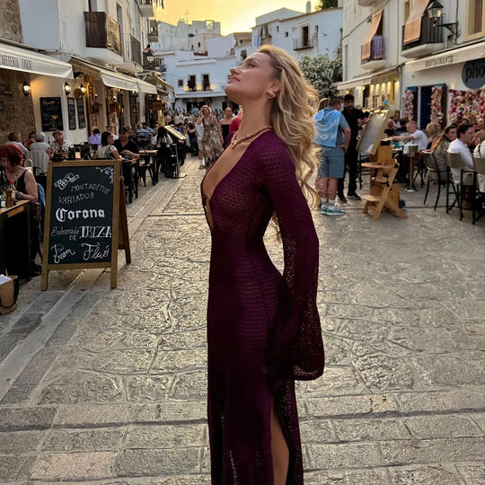 Damen V-Ausschnitt Kleid | Maxi mit ausgestellten Ärmeln