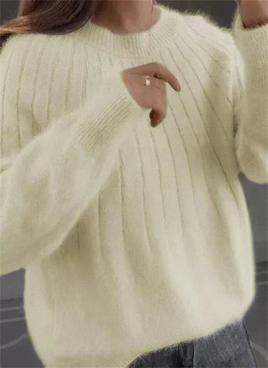 Damen Flauschiger Strickpullover | Gerippter Pullover mit Rundhalsausschnitt