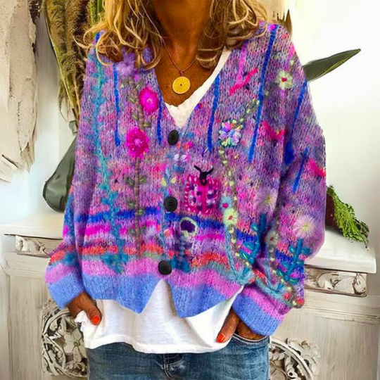 Damen Strickjacke mit Knöpfen und Blumenmuster | Gestrickt