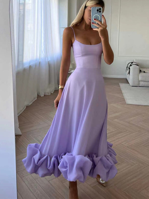 Elegantes Damen Satin Midikleid | Spaghettiträger