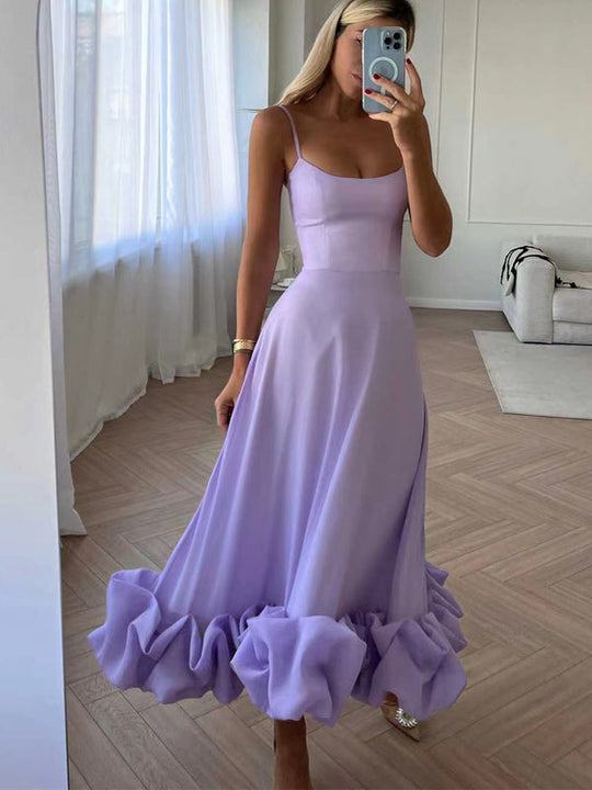 Elegantes Damen Satin Midikleid | Spaghettiträger