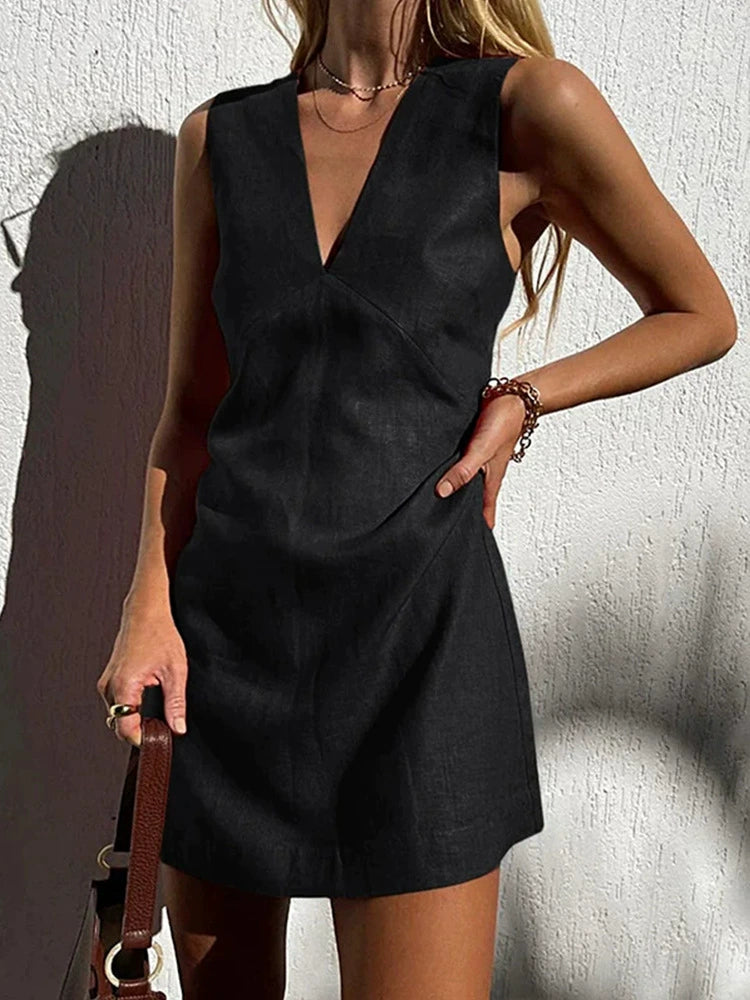 Ärmelloses Damen V-Ausschnitt Kleid | Mini