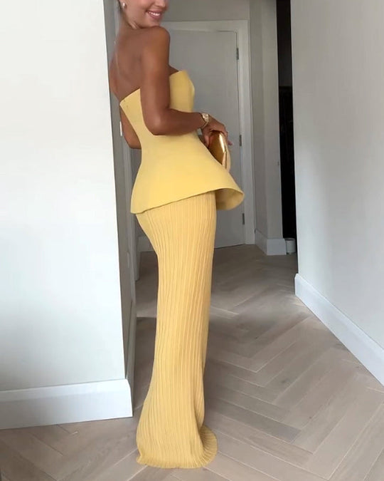 Trägerloses Damen Schößchenkleid | Maxi