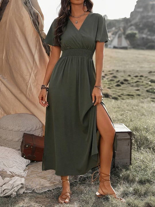 Damen V-Ausschnitt Kleid | Maxi mit geraffter Taille