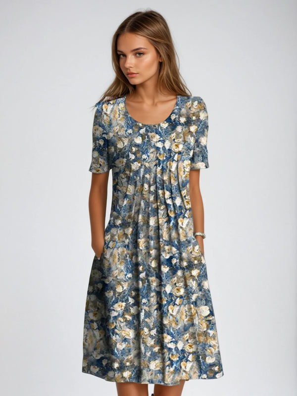 Geblümtes A-Linien-Kleid | Midi mit Taschen für Damen