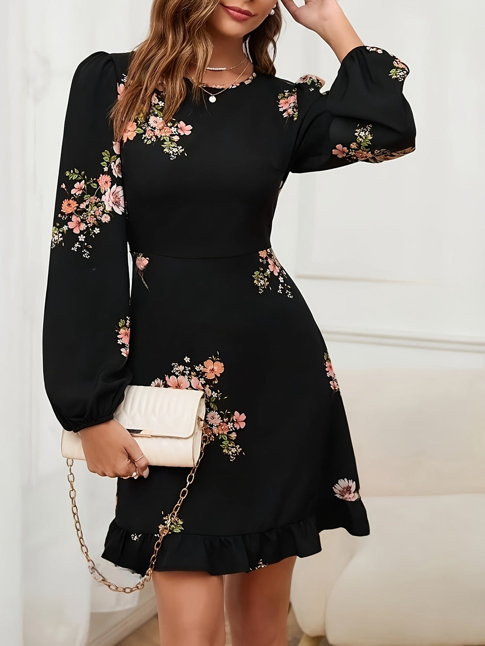 Florales Kleid mit Puffärmeln für Damen | Mini