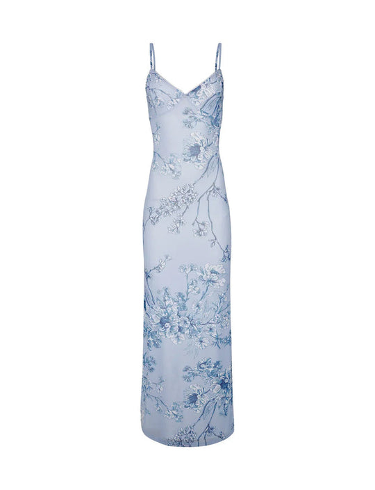 Florales Spaghetti-Trägerkleid für Damen | Maxi