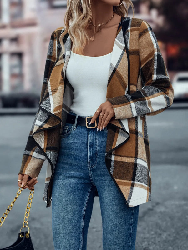 Damen Karierter Strickjacke Offen | Wasserfall Stil Langarmjacke