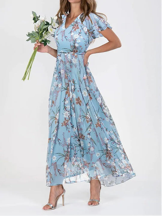 Florales Kleid für Damen | Maxi mit gerafften Ärmeln
