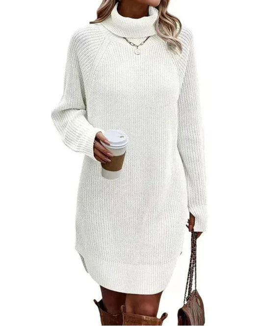 Damen Maxi Strickkleid mit Rollkragen | Langarm Freizeitkleid