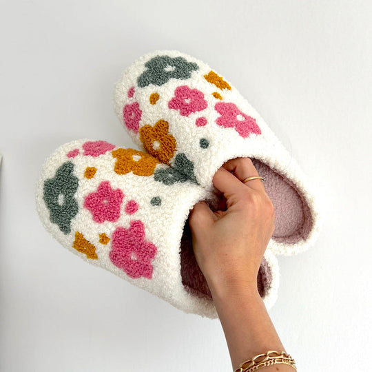 Flauschige Bestickte Blumen-Hausschuhe für Damen | Gemütliche