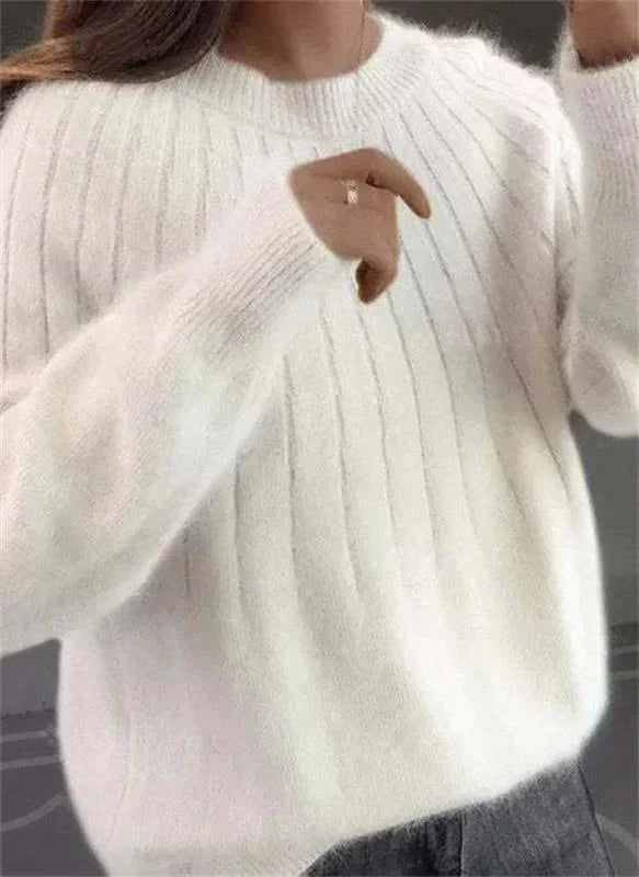 Damen Flauschiger Strickpullover | Gerippter Pullover mit Rundhalsausschnitt