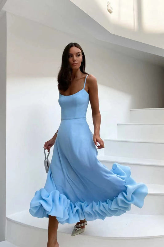 Elegantes Damen Satin Midikleid | Spaghettiträger