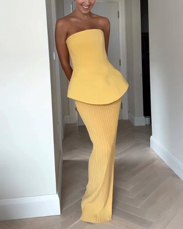 Trägerloses Damen Schößchenkleid | Maxi