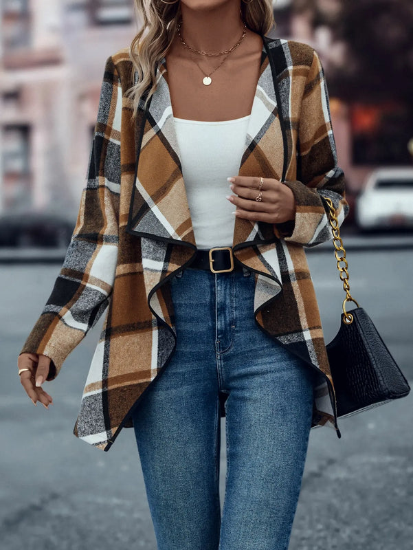 Damen Karierter Strickjacke Offen | Wasserfall Stil Langarmjacke