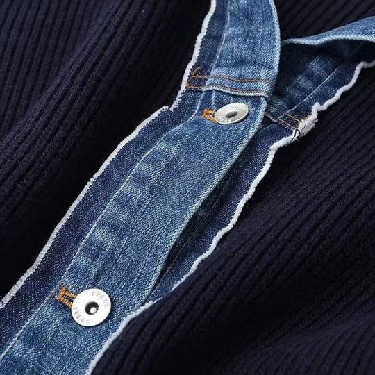 Geknöpfte Strickjacke für Damen | Denim-Stehkragen